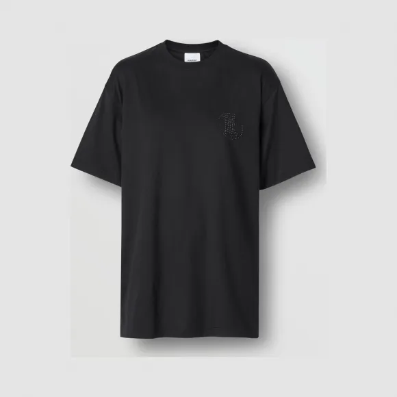 博百利/Burberry 女士 人造水晶专属标识图案棉质宽松 T 恤衫 (黑色) 80224201