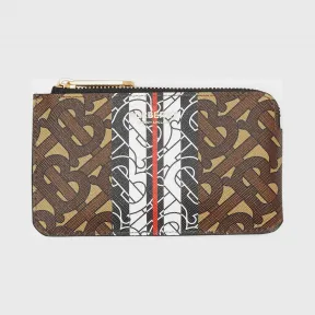 博百利/Burberry 专属标识条纹环保帆布拉链零钱夹 (马勒棕)  80224521