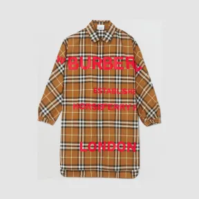 博百利/Burberry Horseferry 印花格纹棉质衬衫式连衣裙 (暖胡桃色)  80225011