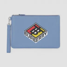 博百利/Burberry 徽标图案粒纹皮革拉链收纳袋 (浅蓝铃草色)  80228901