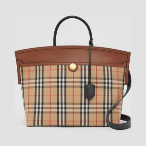 博百利/Burberry Society - 顶部提柄 Vintage 格纹拼皮革赛尔迪手袋 (典藏米色 / 棕褐色) - 女士  80230191