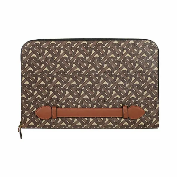 博百利/Burberry 专属标识印花环保帆布拼皮革全拉链收纳袋 (马勒棕)  80230351