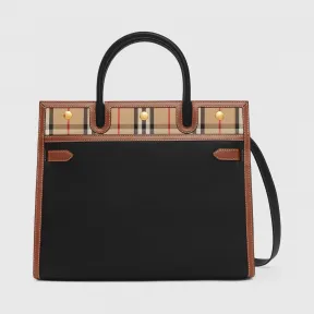 博百利/Burberry Title - 中号皮革拼 Vintage 格纹双提柄泰尔勒手袋 (黑色) - 女士  80246941