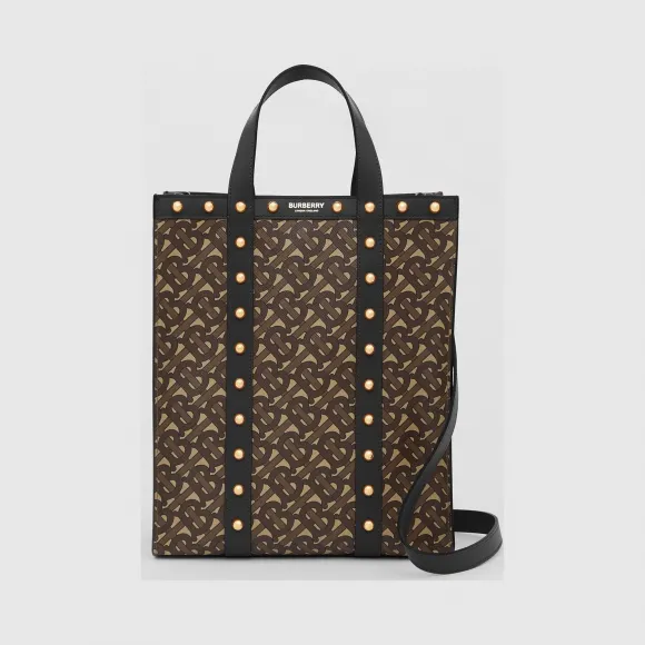 博百利/Burberry 小号专属标识印花环保帆布竖版托特包 (黑色) - 女士  80250681