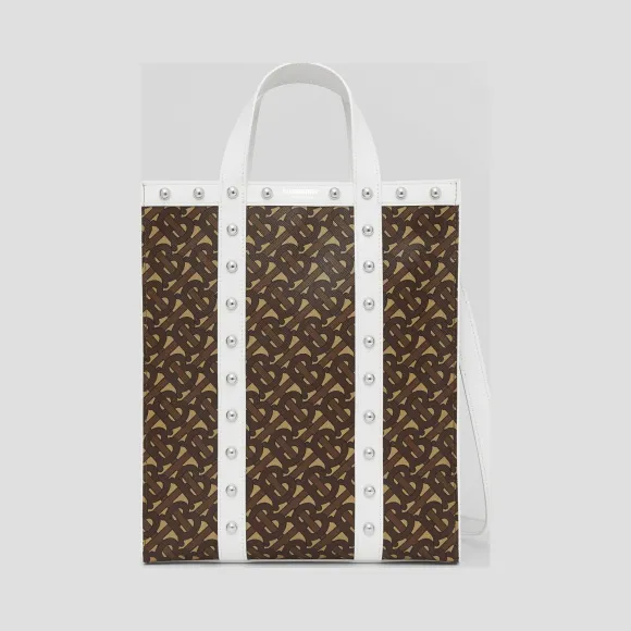 博百利/Burberry 小号专属标识印花环保帆布竖版托特包 (白色) - 女士  80250701