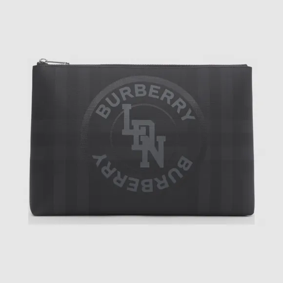 博百利/Burberry London 格纹徽标图案拉链收纳袋 (深炭灰) - 男士  80257621