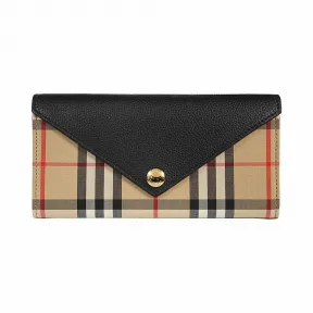 博百利/Burberry Vintage 格纹拼皮革长款钱夹 (黑色) - 女士  80261081