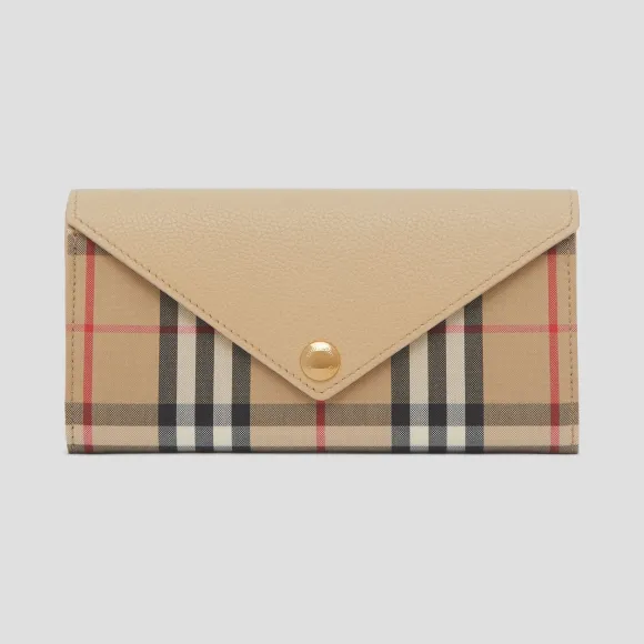 博百利/Burberry Vintage 格纹拼皮革长款钱夹 (浅米色) - 女士  80261111