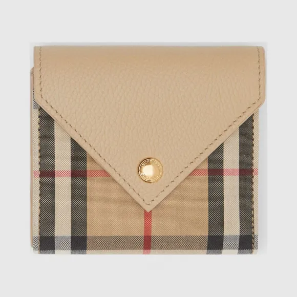 博百利/Burberry Vintage 格纹拼粒纹皮革折叠式钱夹 (浅米色) - 女士  80261151