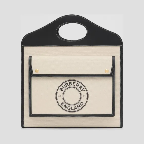 博百利/Burberry 中号徽标图案帆布拼皮革口袋包 (黑色 / 白色) - 女士  80280411