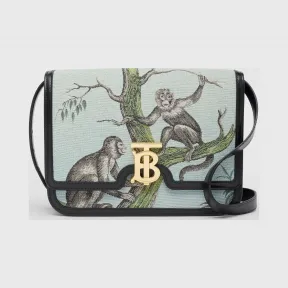 博百利/Burberry TB 中号专属标识猴子提花拼皮革锁扣包 (黑色 / 欧泊绿) - 女士  80284631