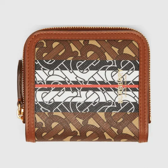 博百利/Burberry 女士 专属标识条纹环保帆布拼皮革折叠式钱夹  80350171