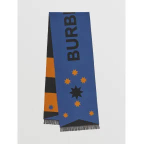博百利/Burberry 几何拼徽标图案提花丝毛混纺围巾 (中调蓝色) 80457821