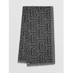 博百利/Burberry 专属标识图案丝毛混纺轻盈提花围巾 (黑色) 80490191