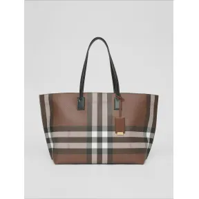 博百利/Burberry 中号格纹拼皮革托特包 (深桦木棕) - 女士 80525041