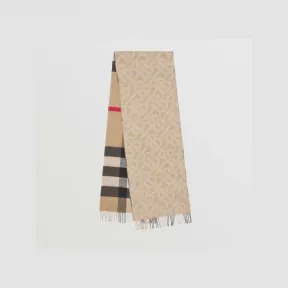 博百利/Burberry 双面两用格纹拼专属标识羊绒围巾 (典藏米色) 80574701