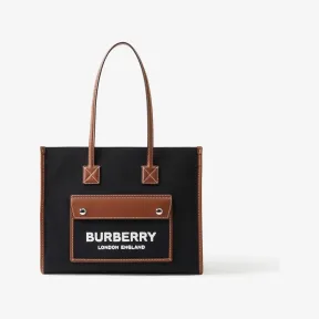 博百利/Burberry Freya 双色帆布拼皮革小号芙蕾雅托特包 (黑色 / 棕褐色) 80576001