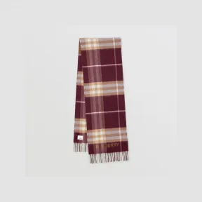博百利/Burberry 对比感格纹羊绒围巾 (深桦木棕 / 勃艮第酒红) 80592761