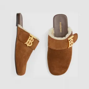 博百利/Burberry 专属标识细节毛羊皮内衬麂皮穆勒鞋 (巧克力色) 80596451