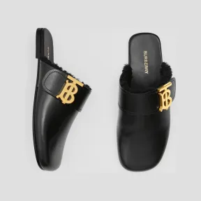 博百利/Burberry 专属标识装饰毛羊皮内衬皮革穆勒鞋 (黑色) 80600471