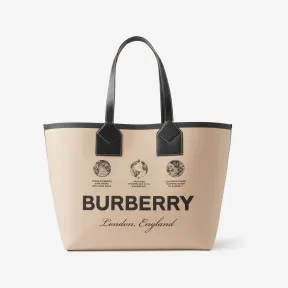博百利/Burberry London - 标签印花棉质拼皮革大号托特包 (米色) 80631221