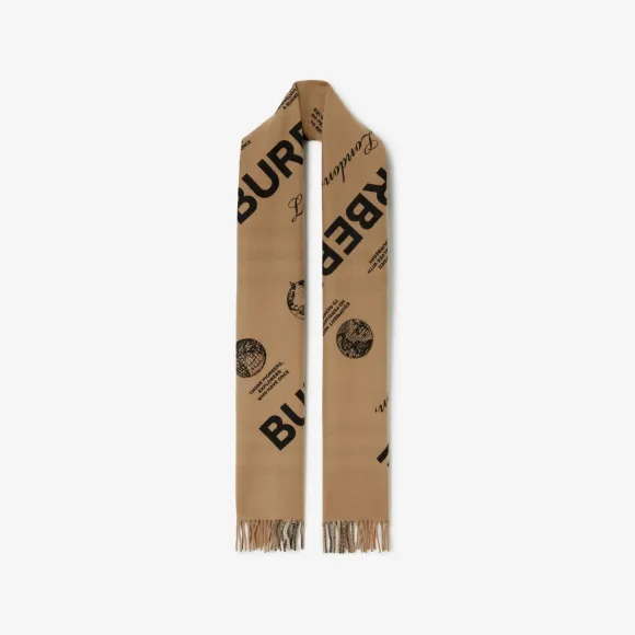博百利/Burberry 双面两用标签印花拼格纹羊绒围巾 (典藏米色) 80638181