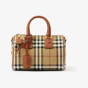 博百利/Burberry 格纹迷你保龄球包 (典藏米色 / 石楠棕色) - 女士 80713571