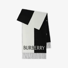 博百利/Burberry 马术骑士徽标羊毛羊绒混纺围巾 (黑色 / 白色) 80748361