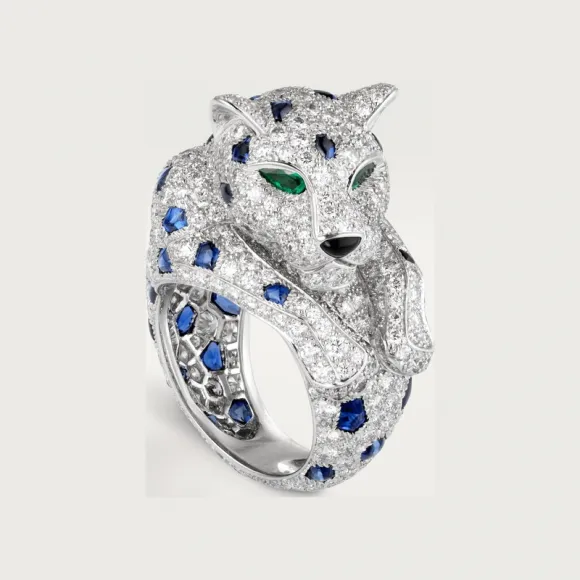 卡地亚/Cartier H4078300 - Panthère de Cartier卡地亚猎豹戒指 蓝宝石 铺镶钻石 铂金 - 铂金 蓝宝石 祖母绿 钻石