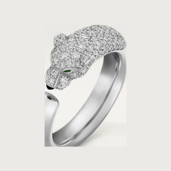 卡地亚/Cartier N4765900 - Panthère de Cartier卡地亚猎豹戒指 小号款 半铺镶钻石 18K白金 - 白金 祖母绿 缟玛瑙 钻石