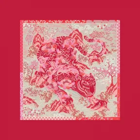 卡地亚/Cartier OS000153 猎豹印花方巾 红色和米色斜纹真丝 