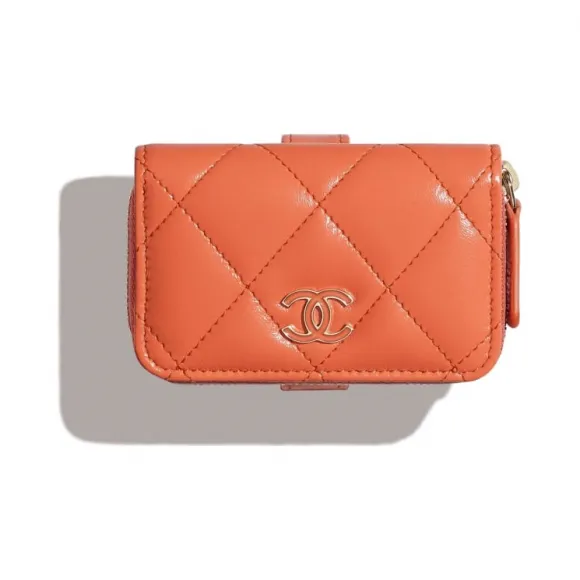 香奈儿/Chanel 拉链零钱手腕包  亮色皱纹小羊皮、亮漆面与金色金属  橘 AP1347-B02791-N6509