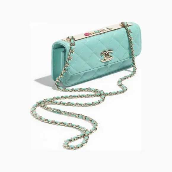 香奈儿/Chanel 链条口盖手机包 - 小羊皮、金色金属与亮漆面金属 土耳其蓝 AP3493B14988NS837