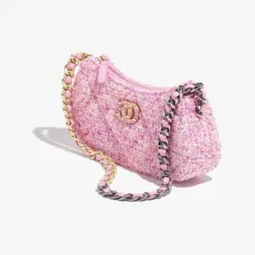 香奈儿/Chanel Chanel 19链条晚宴包 - 棉质斜纹软呢、金色金属、银色金属与钌色金属 粉红与乳白 AP3763B16008NU892