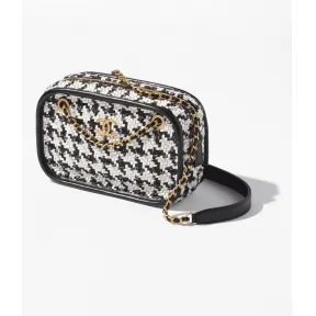 香奈儿/Chanel 小羊皮、人造丝编织与金色金属 - 黑、白与银, 小号相机包 — 精品 香奈儿 AS3768B09791NL870