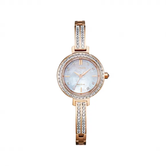 西铁城/Citizen Silhouette Crystal系列 25 MM 玫瑰金色不锈钢水晶水晶装饰表圈 太阳能 女表 EM0863-53D