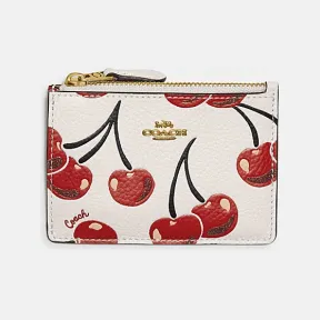 蔻驰/Coach 黄铜色硬件+粉白色 皮革 樱桃印花迷你长款证件包 CA808-B4