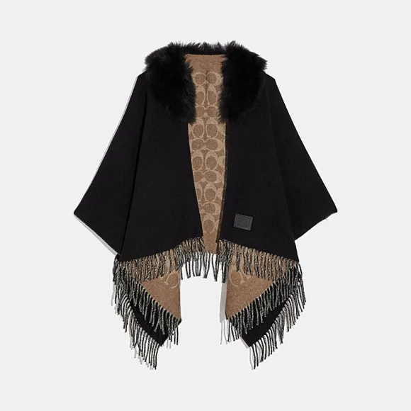 蔻驰/Coach 皮毛一体领经典标志披风 76403_BLK