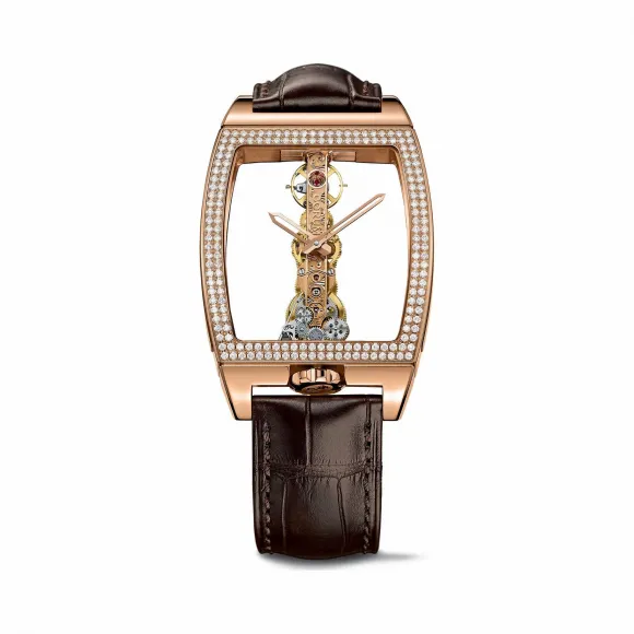 昆仑/Corum 金桥镂空陀飞轮腕表 系列 5N 18Kt玫瑰金，双面防眩水晶玻璃表镜，水晶玻璃表背，镶178颗VVS净度/D至H色/双翻钻，2.41克拉，88颗VVS净度/F至G色/长方钻，5.04克拉 手动机械机芯 B113-01045–113.161.85-00020000