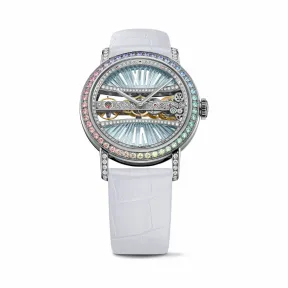 昆仑/Corum 43毫米金桥圆形陀飞轮腕表 系列 5N 18Kt玫瑰金，水晶玻璃表壳中层，双面防眩水晶玻璃表镜，水晶玻璃表背，镶68颗长方多色蓝宝石，4.50克拉，15颗长方橄榄石，0.99克拉，8颗长方沙弗莱石，1.04克拉，5颗长方红宝石，0.65克拉 手动机械机芯 B113-03404–113.001.69-0F09DB91G