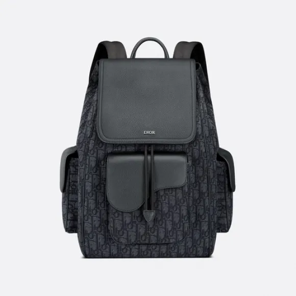 迪奥/Dior 马鞍双肩背包 黑色 Oblique 印花面料和粒面牛皮革 1ADBA161YKS_H03E_TU