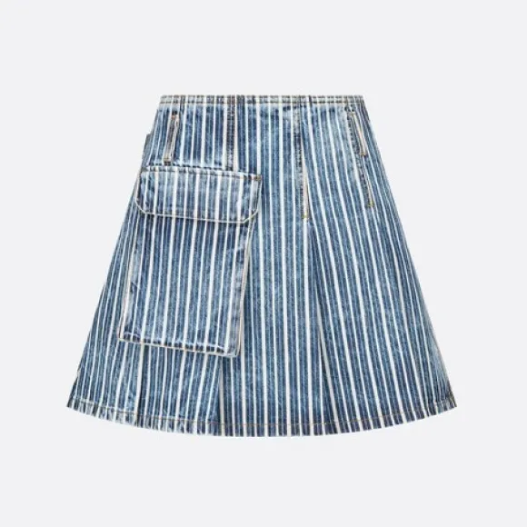 迪奥/Dior 裹身式迷你裙 蓝色棉质牛仔布褪色效果条纹图案 242J25A3512_X5590_T34