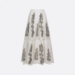 迪奥/Dior 喇叭形半裙 米白色桑蚕丝网眼织物黑色花卉图案 314J02AM602_X9330_T36