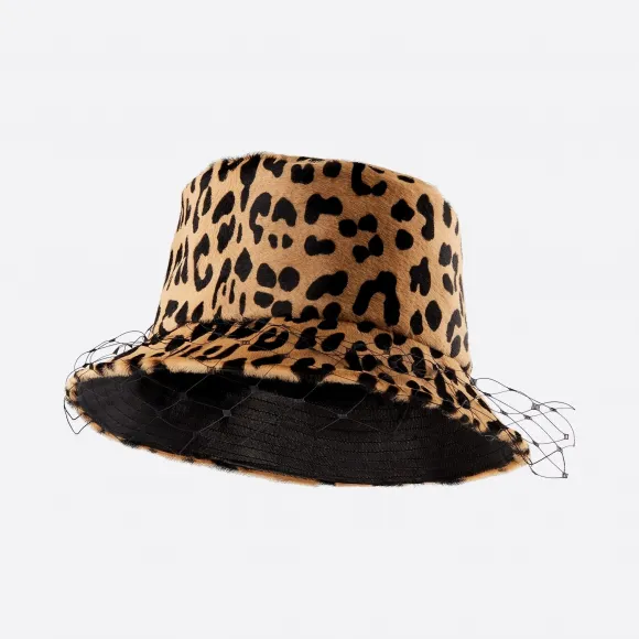 迪奥/Dior Teddy D Leopard米色窄帽檐渔夫帽 搭配面纱 95TDD923G703-C130