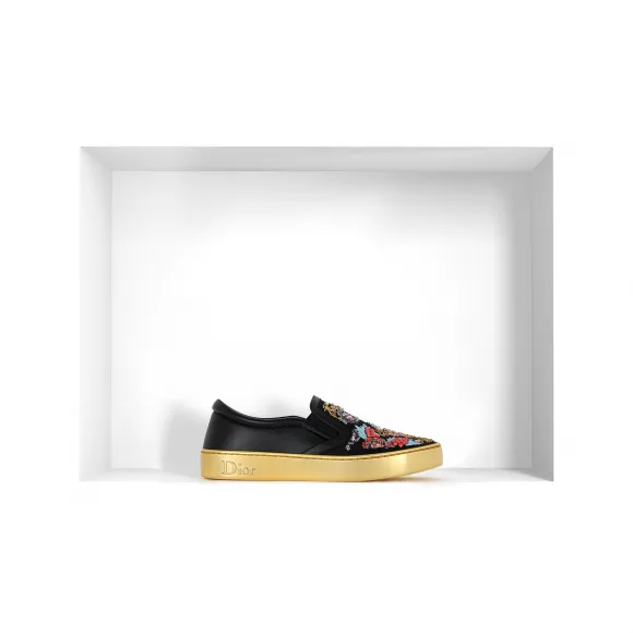 迪奥/Dior 黑色小牛皮罗缎刺绣便鞋 KCK138FLE_S95Q