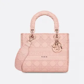 迪奥/Dior 中号玫瑰粉色刺绣藤格纹 Lady D-Lite 手袋 M0565JREY-M957