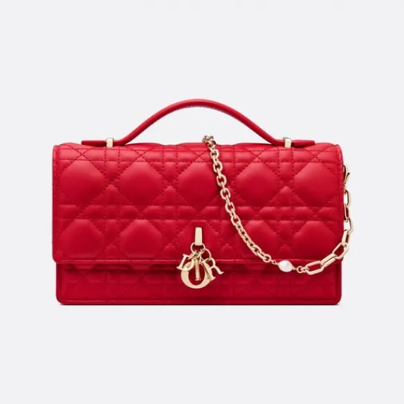 迪奥/Dior Lady Dior 手拿包 绯红色羊皮革藤格纹搭配顶部手柄 S0980ONMJ_M57R_TU