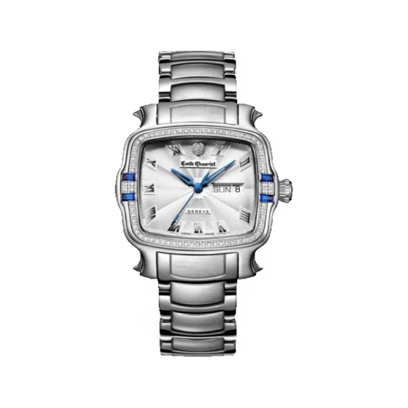 艾米龙/Emile Chouriet 明珠系列 精钢 表圈镶嵌74颗天然钻石和4颗蓝宝石 自动机械 男表 09.3883.G.6.D.25.6