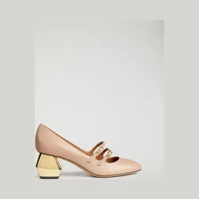 安普里奥·阿玛尼/Emporio Armani 纳帕皮革玛丽珍鞋搭配镀铬六角形鞋跟 11513540pj