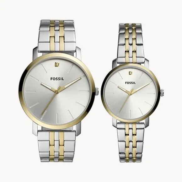 化石/Fossil His and Her Lux Luther Three-Hand Two-Tone Stainless Steel Watch Gift Set BQ2467SET